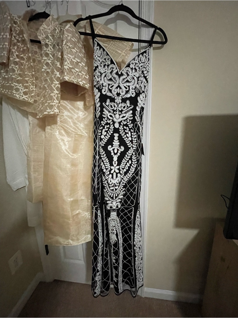 Lulus Extravagant Aura Black and White Beaded Sequin Maxi Dress